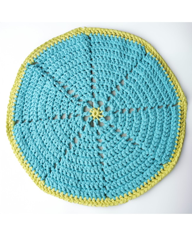 Yellow and turquoise circular rug - Recycled cotton