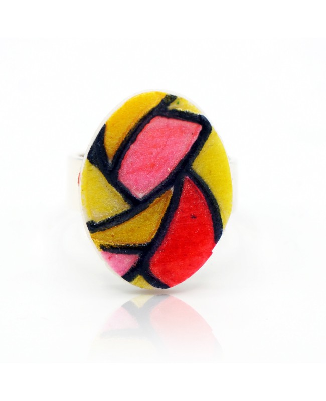 Bague fantaisie vitrail jaune, rouge et rose