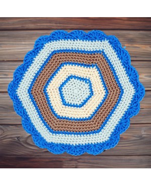 Hexagonal placemat in blue, beige, and brown Crochet Doilies