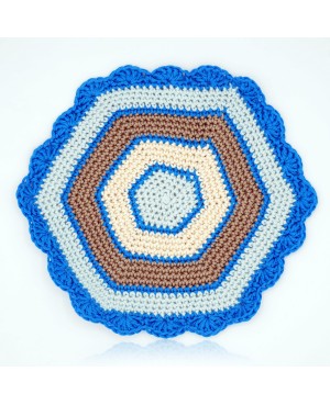 Hexagonal placemat in blue, beige, and brown Crochet Doilies