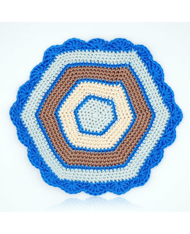 Hexagonal placemat in blue, beige, and brown Crochet Doilies
