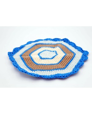Hexagonal placemat in blue, beige, and brown Crochet Doilies