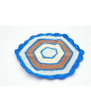 Hexagonal placemat in blue, beige, and brown Crochet Doilies
