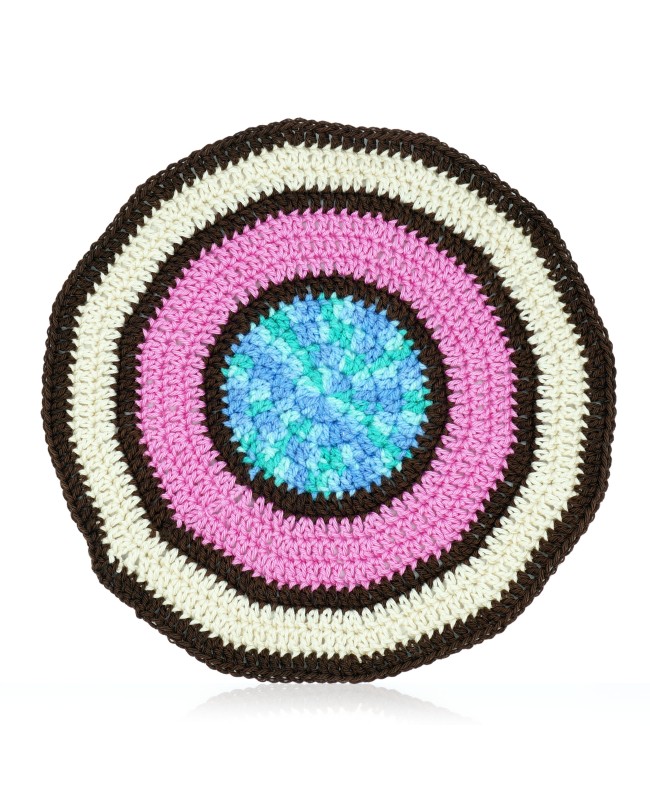 Round doily in brown, beige, pink, and blue. Crochet Doilies