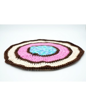 Round doily in brown, beige, pink, and blue. Crochet Doilies