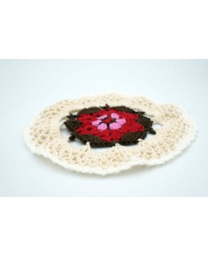 Openwork doily in beige, brown, red, and pink Crochet Doilies