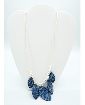 A half-length blue and white statement necklace. Mid-length necklaces