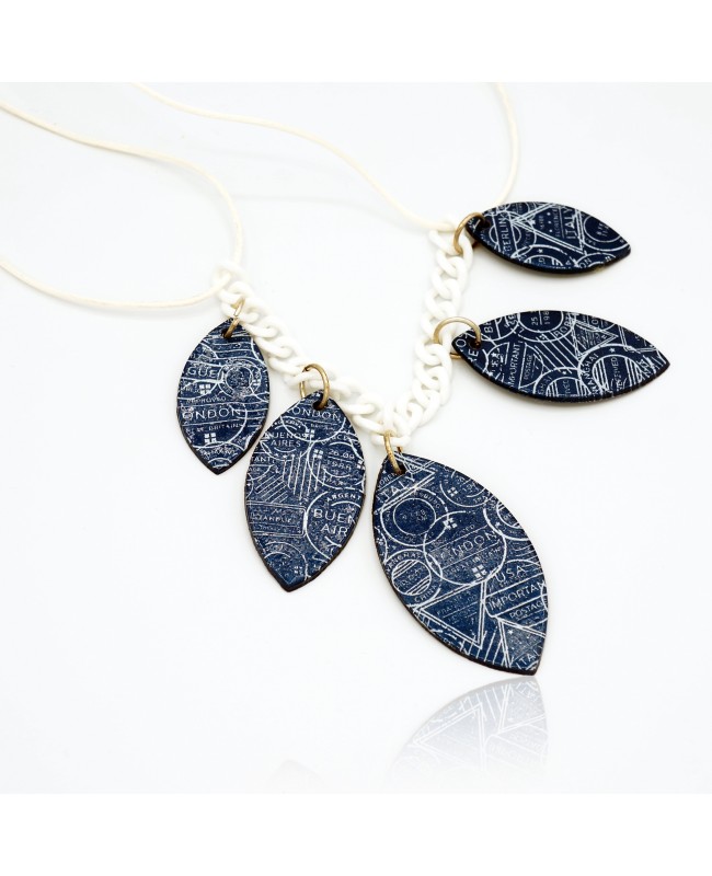 A half-length blue and white statement necklace. Mid-length necklaces