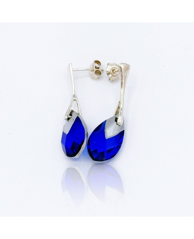 Blue Crystal and Silver Earrings – Teardrop Shape Crystal and beaded earrings
