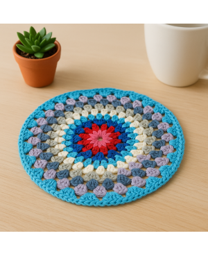 Napperon rond au crochet bleu fait main en coton sur une table en bois clair
