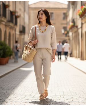 Femme style bohème avec collier perles artisanales rouge et jaune en balade. Look décontracté élégant.