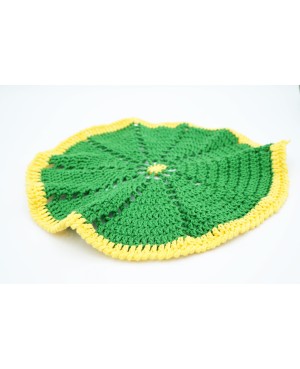 Napperon rond au crochet vert et jaune fait main – Diamètre 25 cm