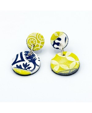 Yellow and blue ceramic tile inspired round earrings – Handmade costume jewelry
