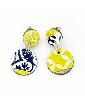 Boucles d’oreilles rondes faïence jaune et bleu – Bijou fantaisie artisanal