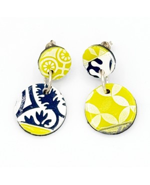Yellow and blue ceramic tile inspired round earrings – Handmade costume jewelry
