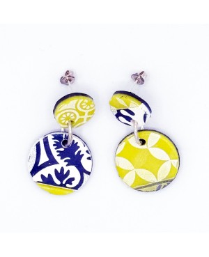 Yellow and blue ceramic tile inspired round earrings – Handmade costume jewelry
