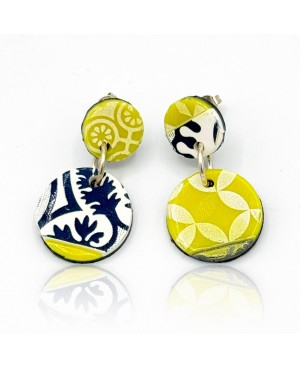 Yellow and blue ceramic tile inspired round earrings – Handmade costume jewelry