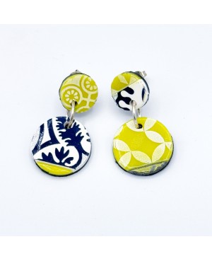 Yellow and blue ceramic tile inspired round earrings – Handmade costume jewelry