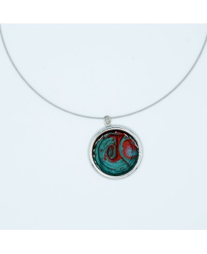 Collier ras-le-cou pendentif rond rouge et vert 38 mm