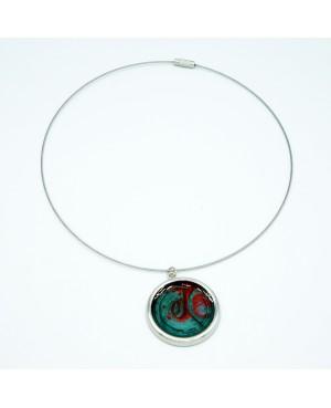 Collier ras-le-cou pendentif rond rouge et vert 38 mm