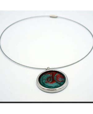 Collier ras-le-cou pendentif rond rouge et vert 38 mm
