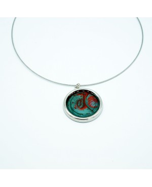Collier ras-le-cou pendentif rond rouge et vert 38 mm