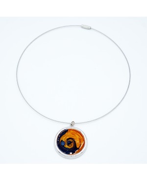 Collier ras-le-cou pendentif rond bleu et orange effet tourbillon – Bijou fantaisie fait main