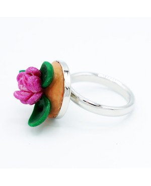 Bague fleur rose fait main en argile polymère | Bague réglable