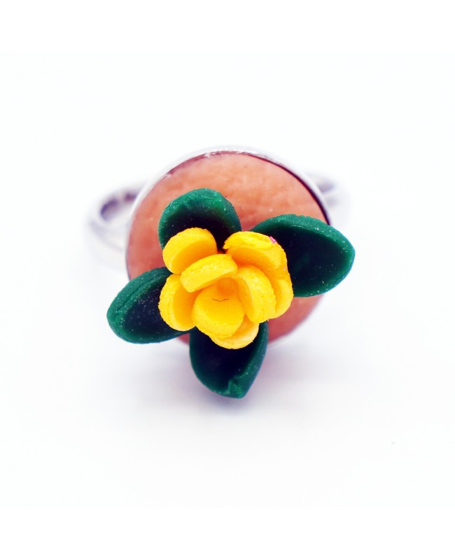 Bague fleur rose fait main en argile polymère | Bague réglable