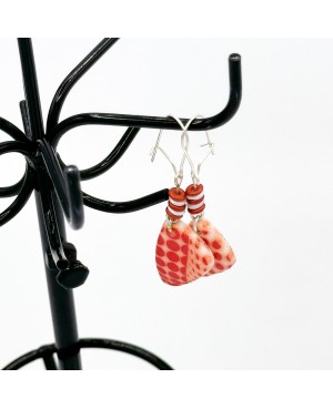 White dangling earrings with red polka dots in polymer clay