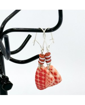 White dangling earrings with red polka dots in polymer clay