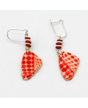 White dangling earrings with red polka dots in polymer clay
