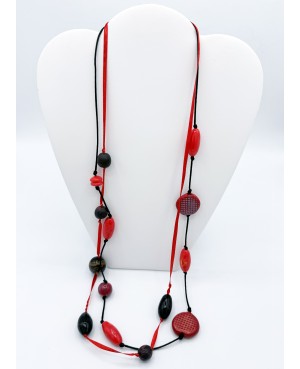 Red and black polymer clay long necklace - handmade jewelry