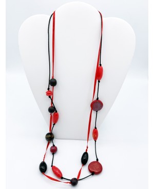 Red and black polymer clay long necklace - handmade jewelry