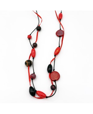Red and black polymer clay long necklace - handmade jewelry