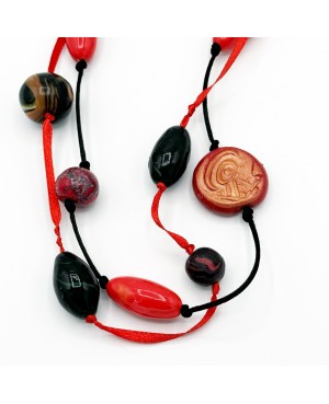Red and black polymer clay long necklace - handmade jewelry