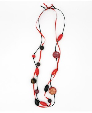Red and black polymer clay long necklace - handmade jewelry