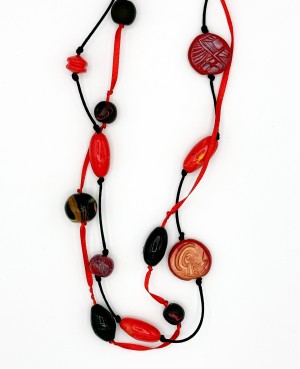 Red and black polymer clay long necklace - handmade jewelry