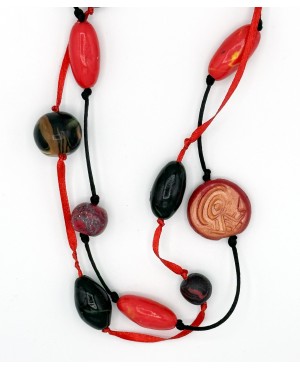 Red and black polymer clay long necklace - handmade jewelry