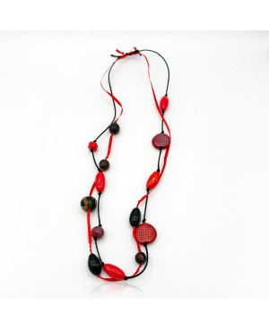 Red and black polymer clay long necklace - handmade jewelry
