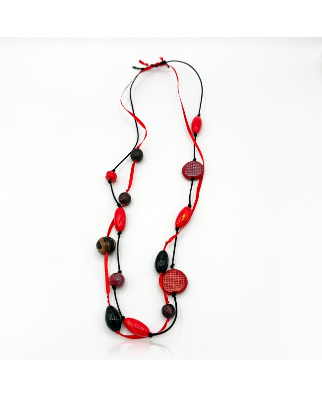 Red and black polymer clay long necklace - handmade jewelry