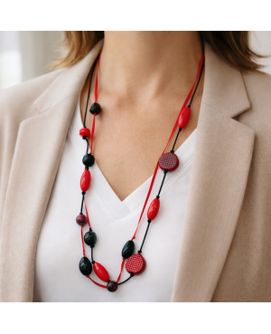 Red and black polymer clay long necklace - handmade jewelry