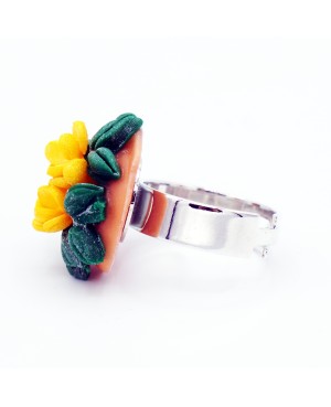 Handmade yellow floral ring in polymer clay