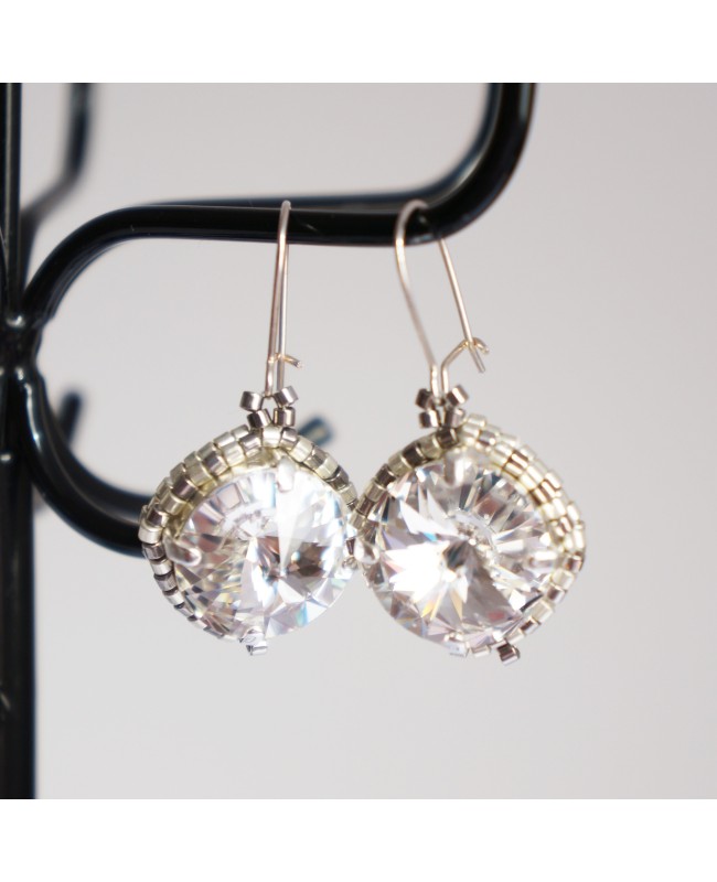 Boucles d'oreilles fantaisie en cristal transparent et argent